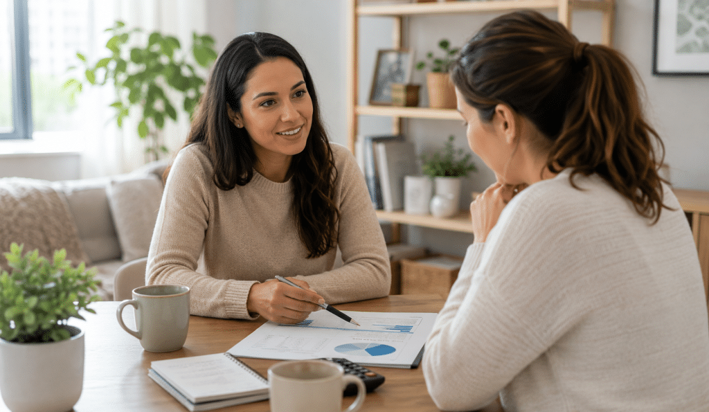 Debt counselling coaching with a client discussing budgeting, debt repayments and financial recovery options.