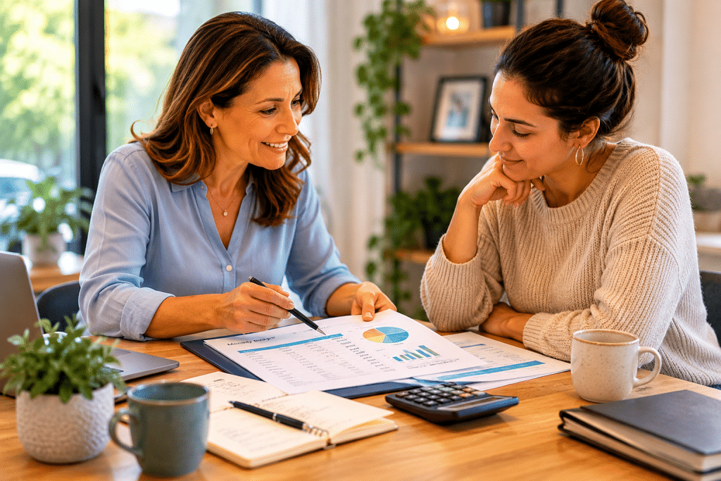 Financial coaching session with a client reviewing a budget, expenses and debt repayment options.