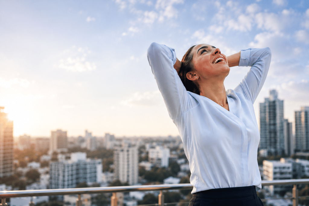 Woman feeling relieved after finding the right legal debt relief option for her financial situation.