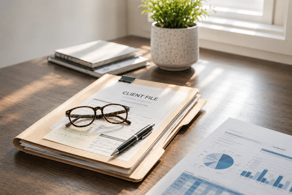Client file, financial documents and workspace representing professional debt consultation and legal debt relief services.
