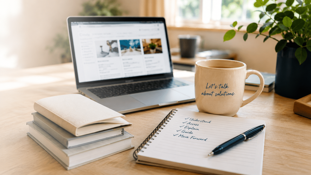 Workspace with a laptop, notebook and coffee mug for planning practical debt solutions and financial guidance.